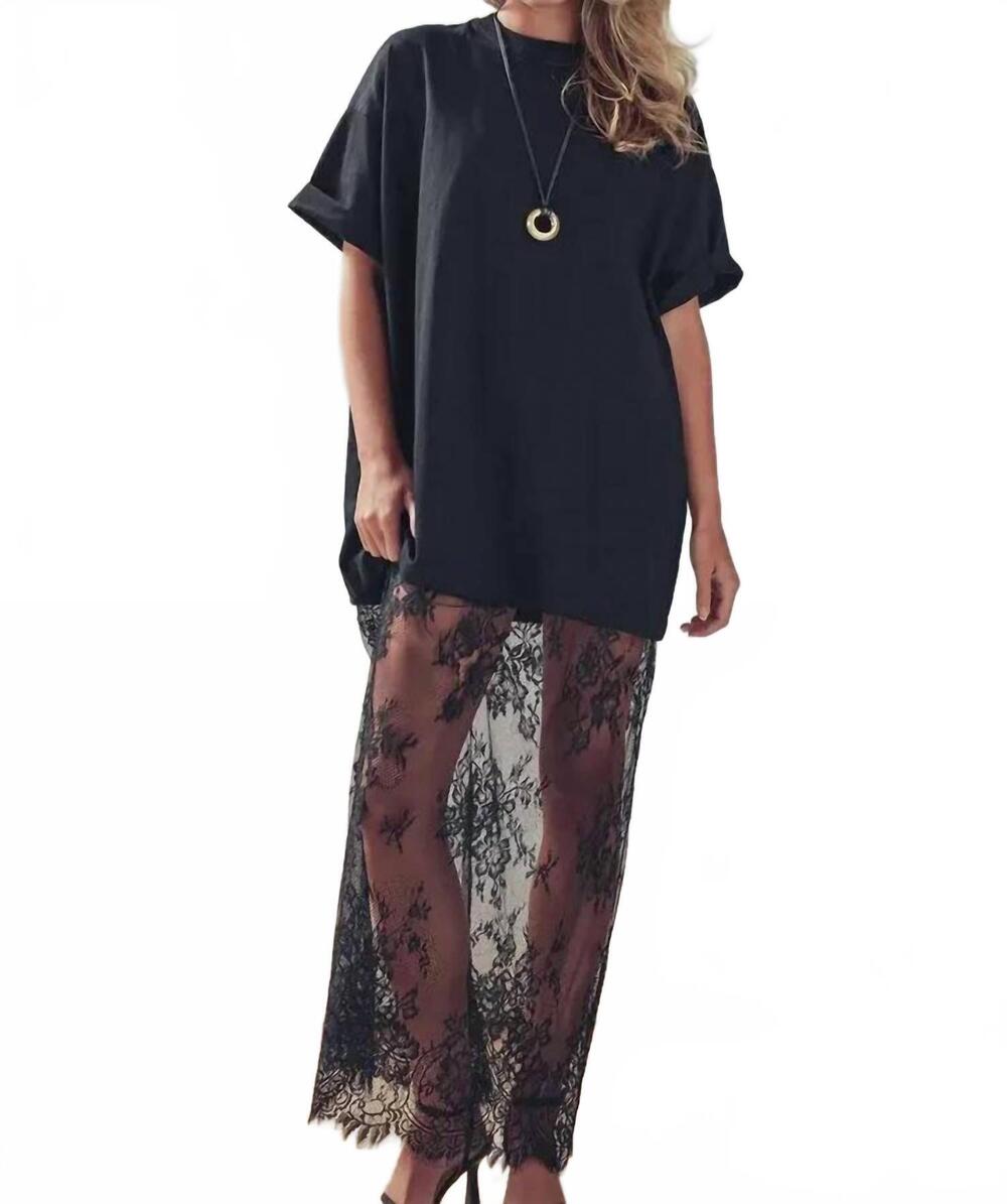 NEW GINA TEES mixed media t-shirt dress with sheer lace skirt in black